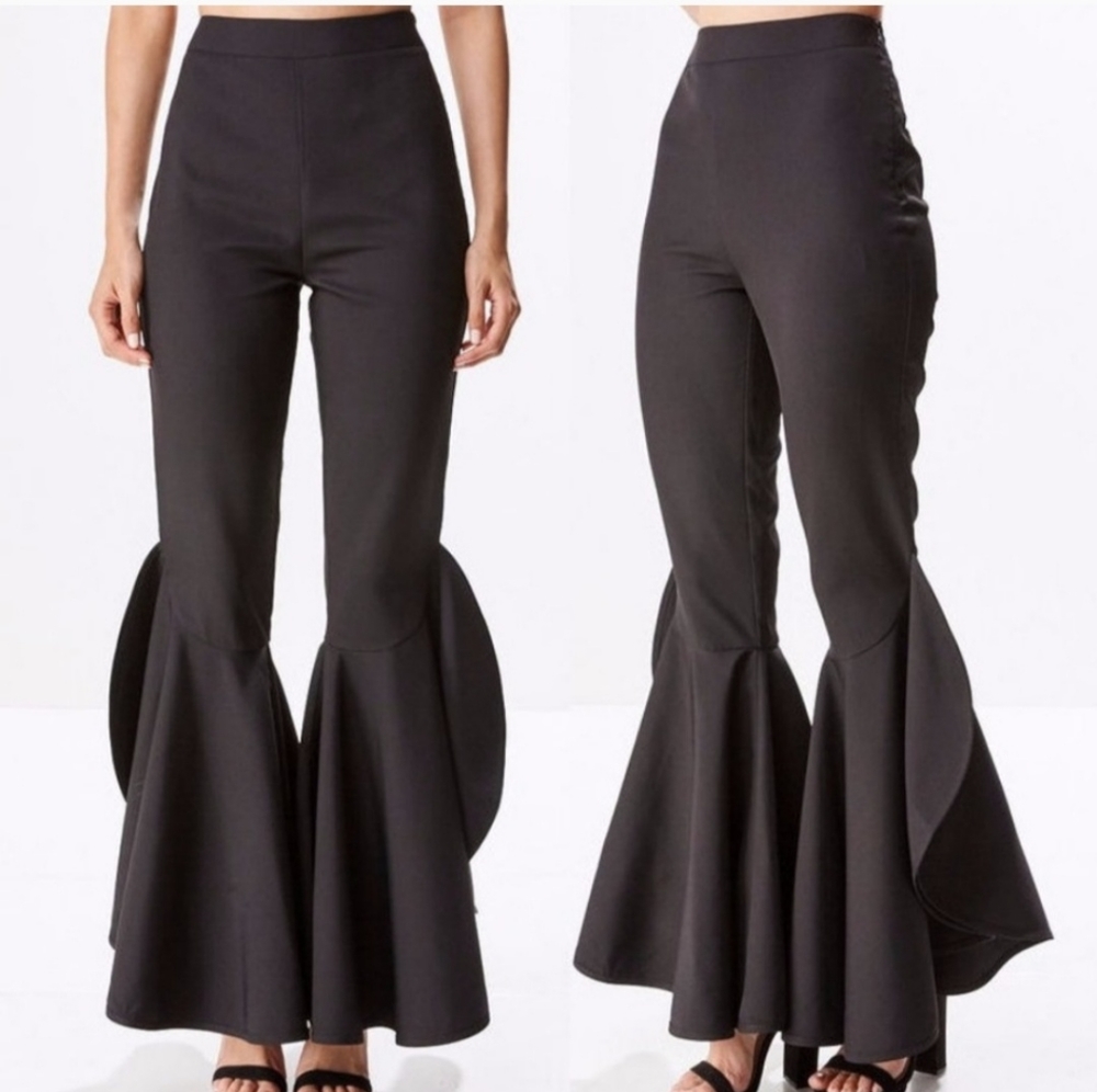 Black Ruffle Bell Bottom Dress Pants High Waist